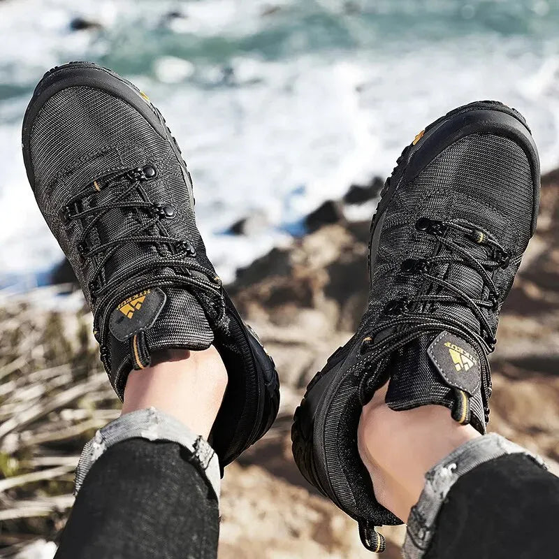 HIKEUP Four-Season Men's Hiking Shoes Outdoor Sports Genuine Leather Wear-Resistant Climbing Shoes Rubber Sole Trekking Sneaker