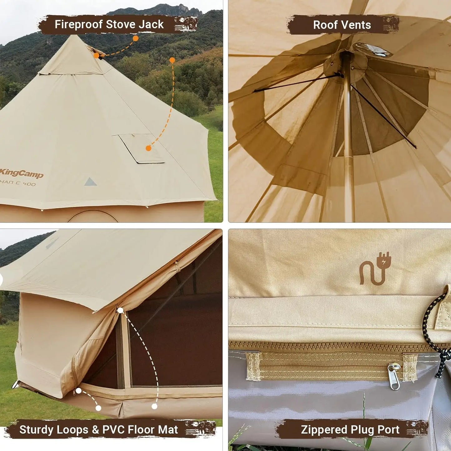 KingCamp Canvas Bell Tent for Camping, 4 Seasons 13.2ft/16.4ft Camping Yurt Tent, w/Stove Jacks, Luxury Glamping Waterproof and