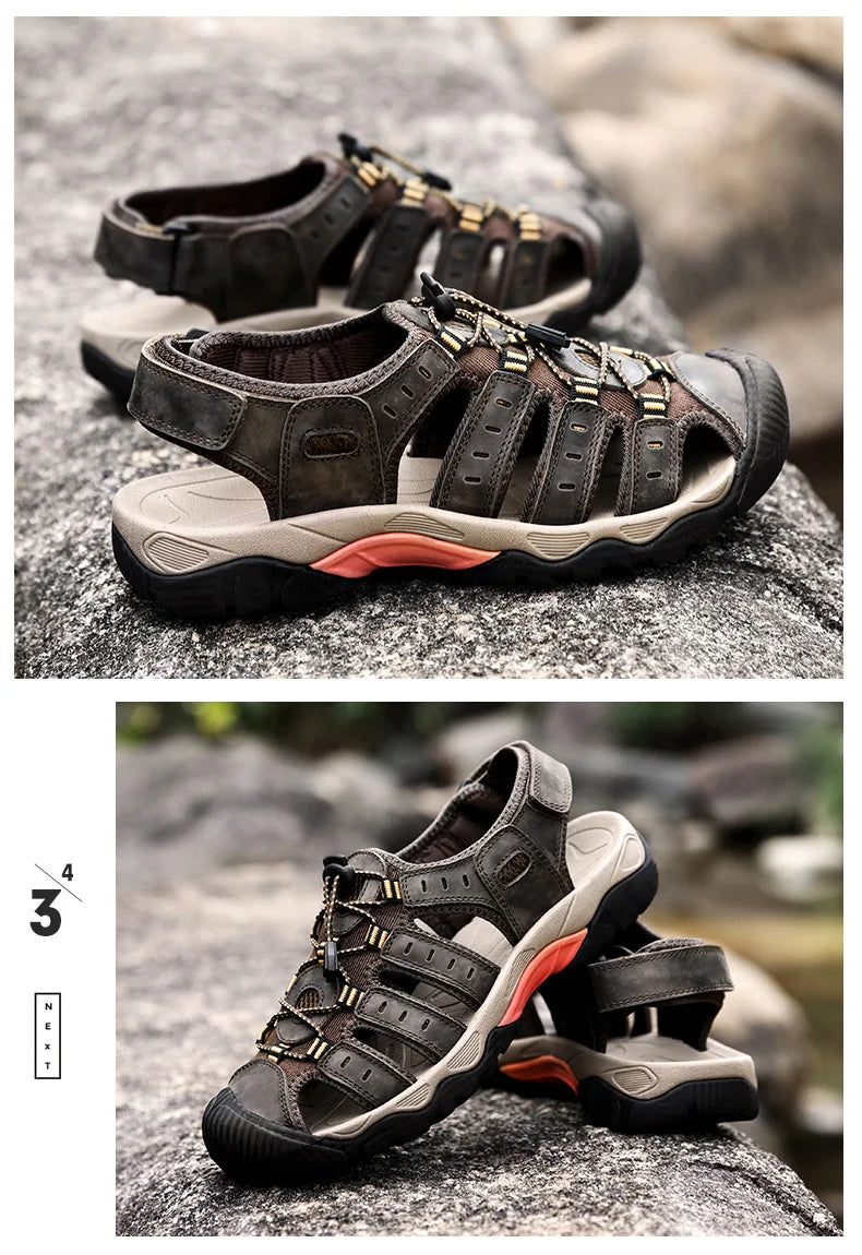 Summer Pu Leather Sandals For Men Rubber Outdoor Men Beach Shoes Anti-Slip Trekking Sandals Weight Light Male Hiking Sandals