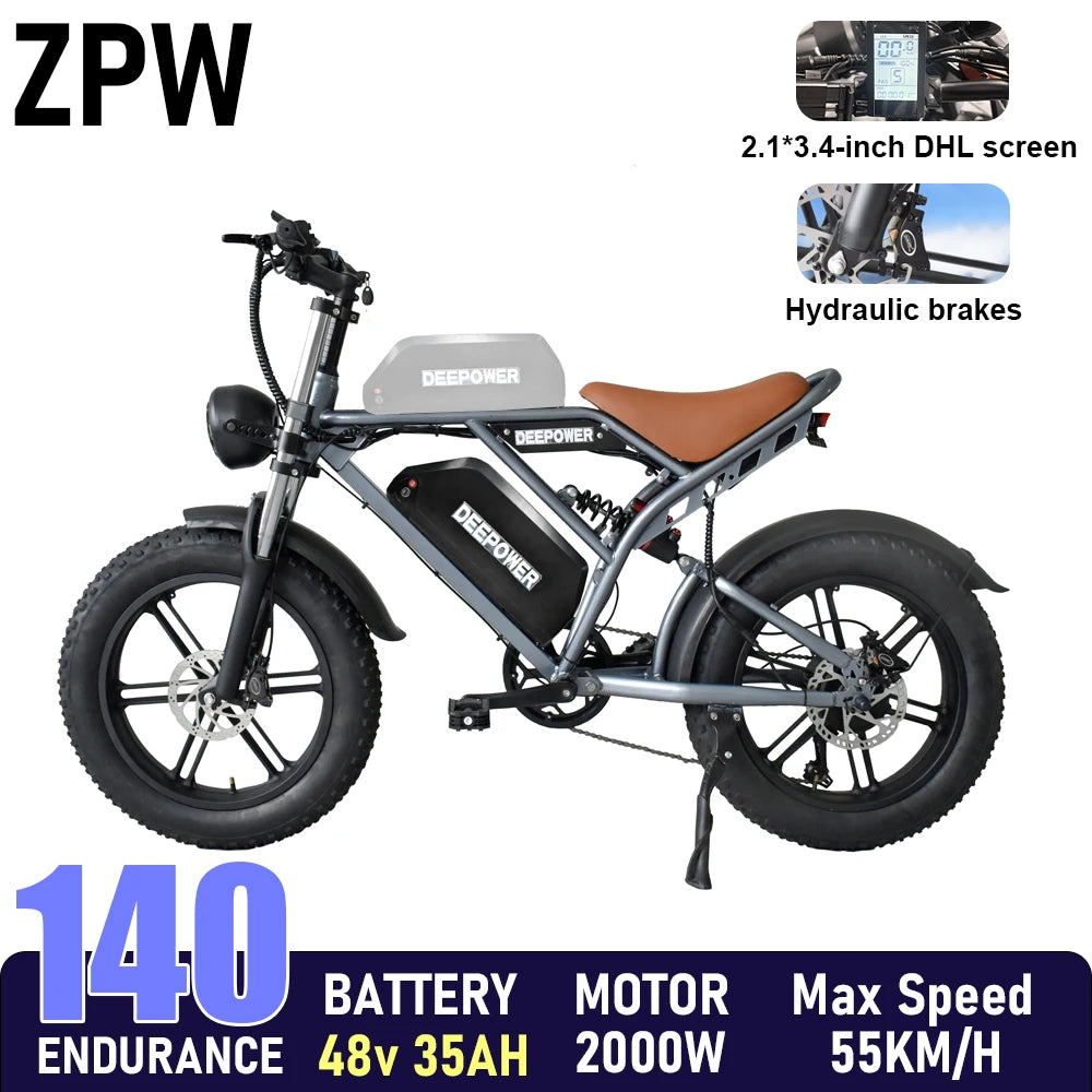 ZPW Adult Electric Bike 2000W 48V60AH Disc Brakes 20 Inch Fat Tire For Mountain Electric Bikes With Large LED Display For Ebike